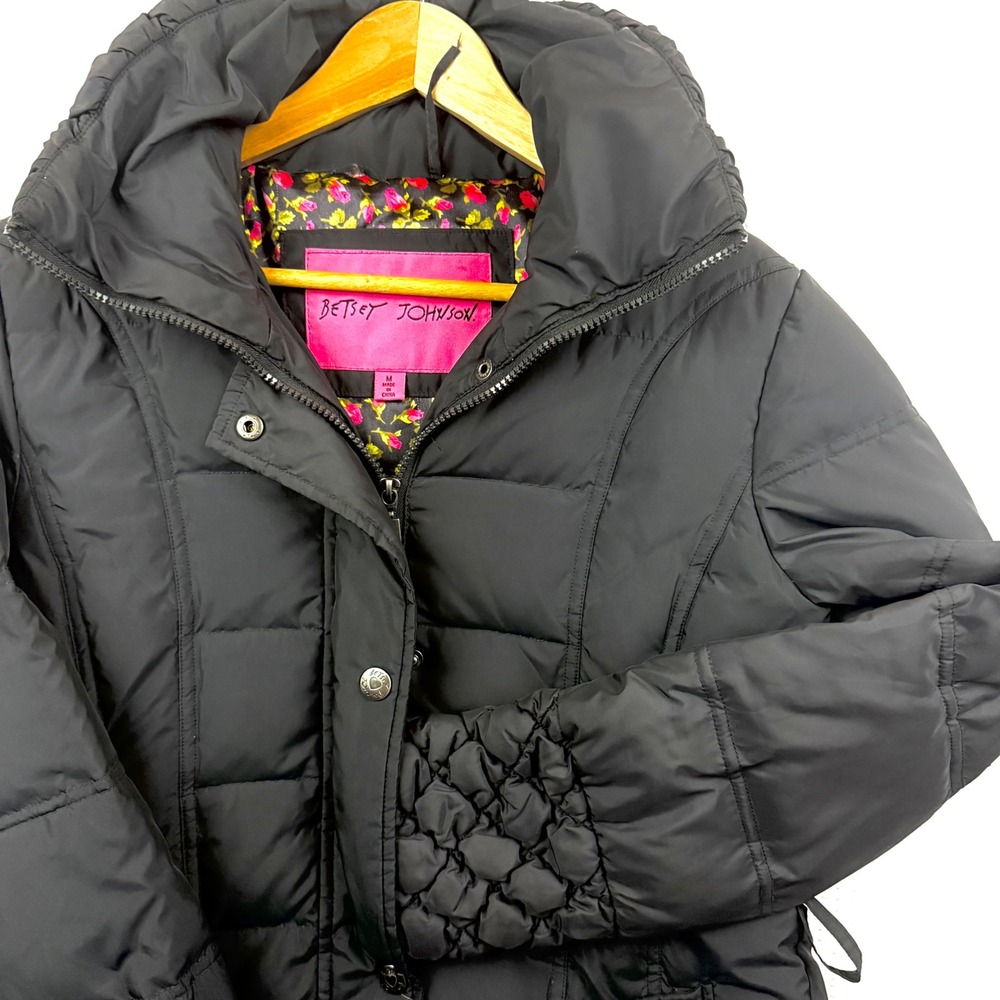Betsey Johnson Black Puffer Coat Floral Lining Down Blend Mid Length Medium